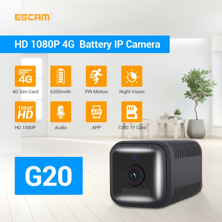 ESCAM G20 4G EU Version 1080P Full HD Rechargeable Battery WiFi IP Camera, Support Night Vision / PIR Motion Detection / TF Card / Two Way Audio, G20 ESCAM G20 4G EU Version 1080P Full HD Rechargeable Battery WiFi IP Camera, Support Night Vision / PIR Motion Detection / TF Card / Two Way Audio, G20